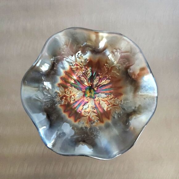 Vintage Fenton Cobalt Carnival Glass Ruffle Compote Rib Holly Footed Jelly Dish - Picture 3 of 8